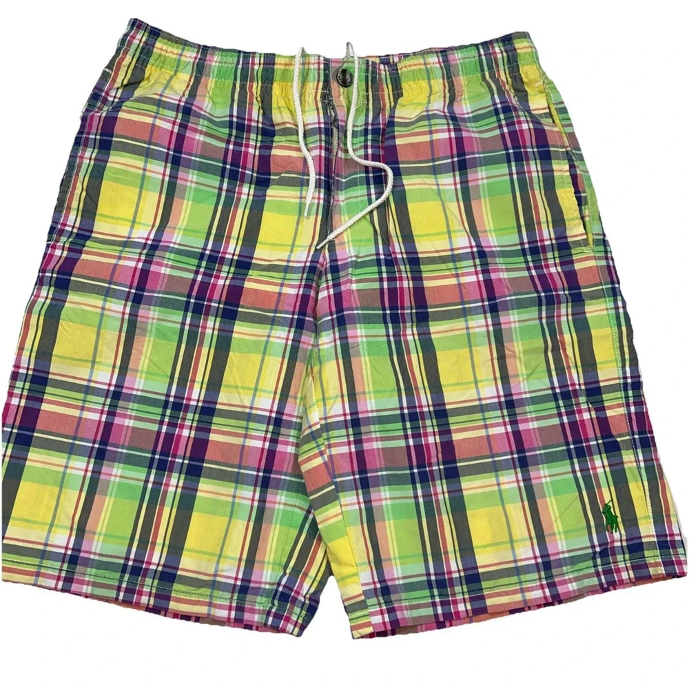 Polo Ralph Lauren Multi Color Plaid Men's Medium Swim Trunks Drawstring Pockets